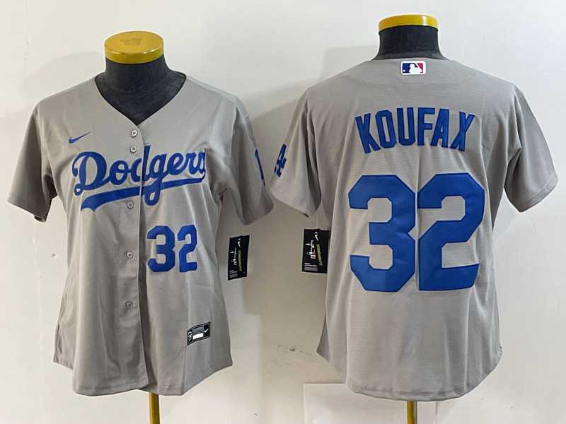 Womens Los Angeles Dodgers #32 Sandy Koufax Number Grey Cool Base Stitched Jerseys